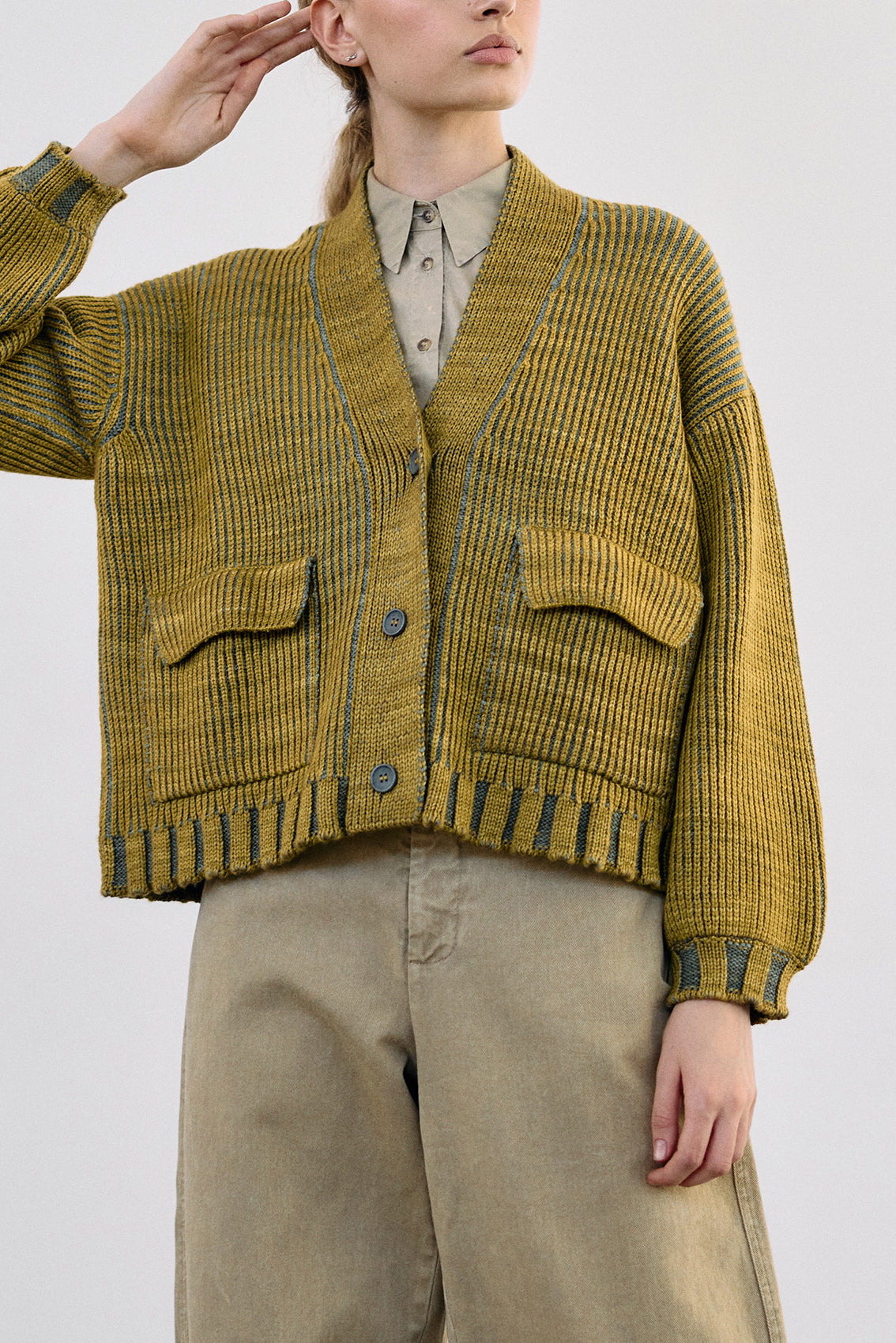 Hand-Dyed Contrast Merino Wool Cardigan - Mix Ocre
