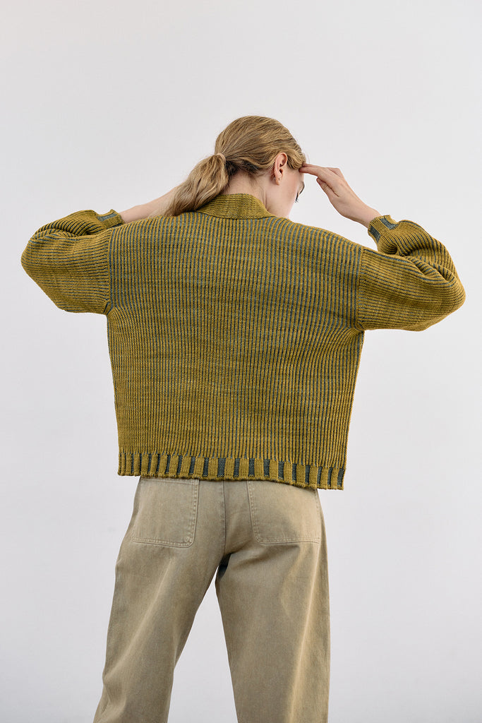 Hand-Dyed Contrast Merino Wool Cardigan - Mix Ocre