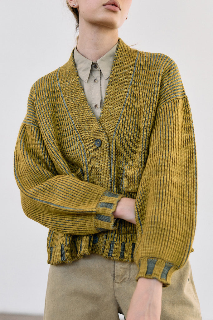 Hand-Dyed Contrast Merino Wool Cardigan - Mix Ocre