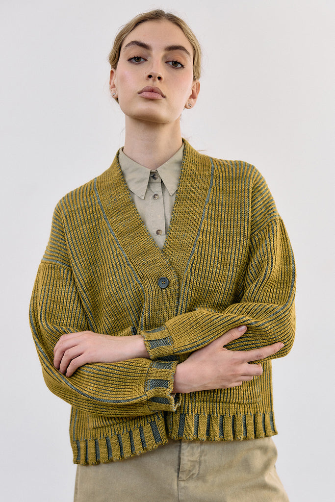Hand-Dyed Contrast Merino Wool Cardigan - Mix Ocre