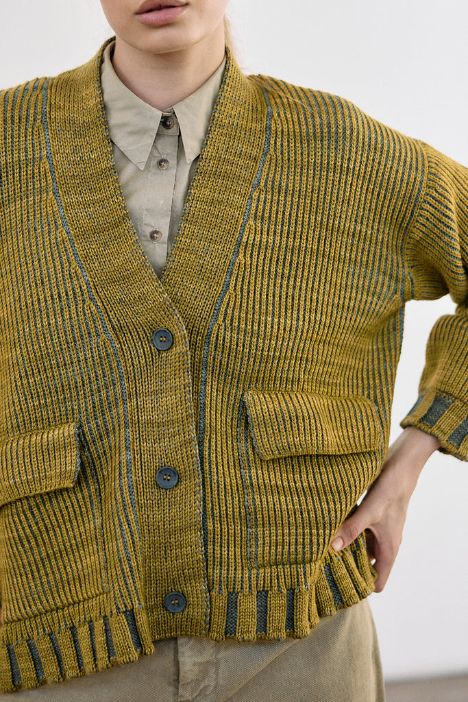 Hand-Dyed Contrast Merino Wool Cardigan - Mix Ocre