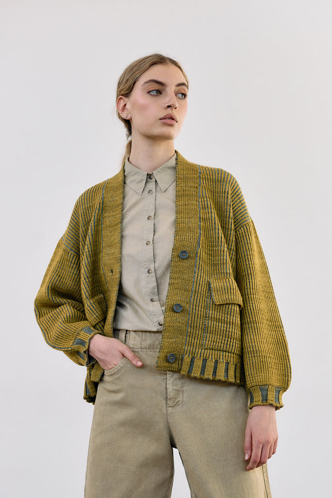 Hand-Dyed Contrast Merino Wool Cardigan - Mix Ocre