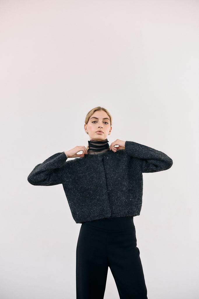 Cárdigan Corto Nuboso Mélange Alpaca/Mohair - Ónix