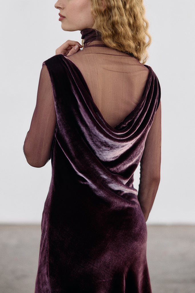 Silk Velvet Draped Neck Dress - Vino