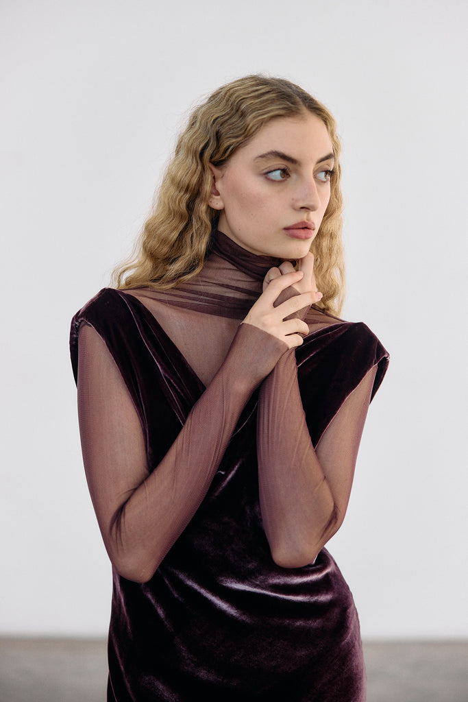Silk Velvet Draped Neck Dress - Vino