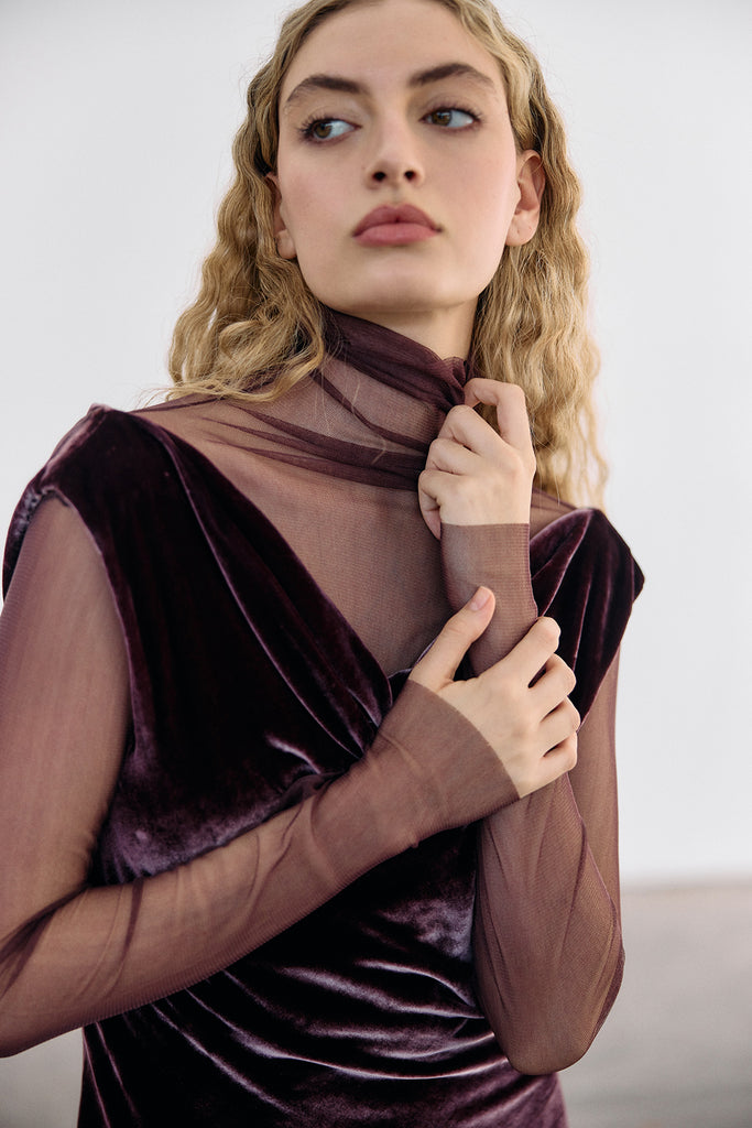 Sheer Knit Silk Turtleneck Top - Vino