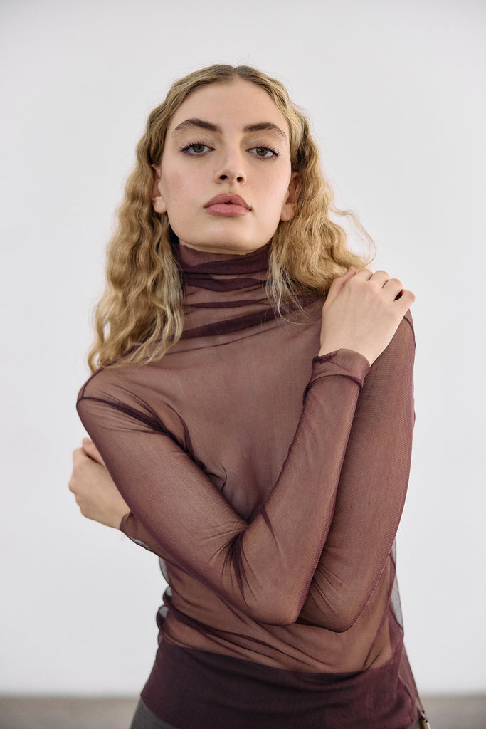 Sheer Knit Silk Turtleneck Top - Vino