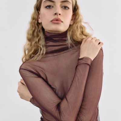 Sheer Knit Silk Turtleneck Top - Vino