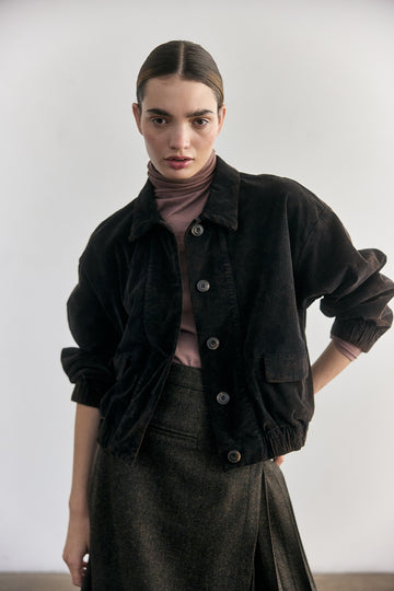 Washed Velvet Cotton Bomber Jacket - Onyx