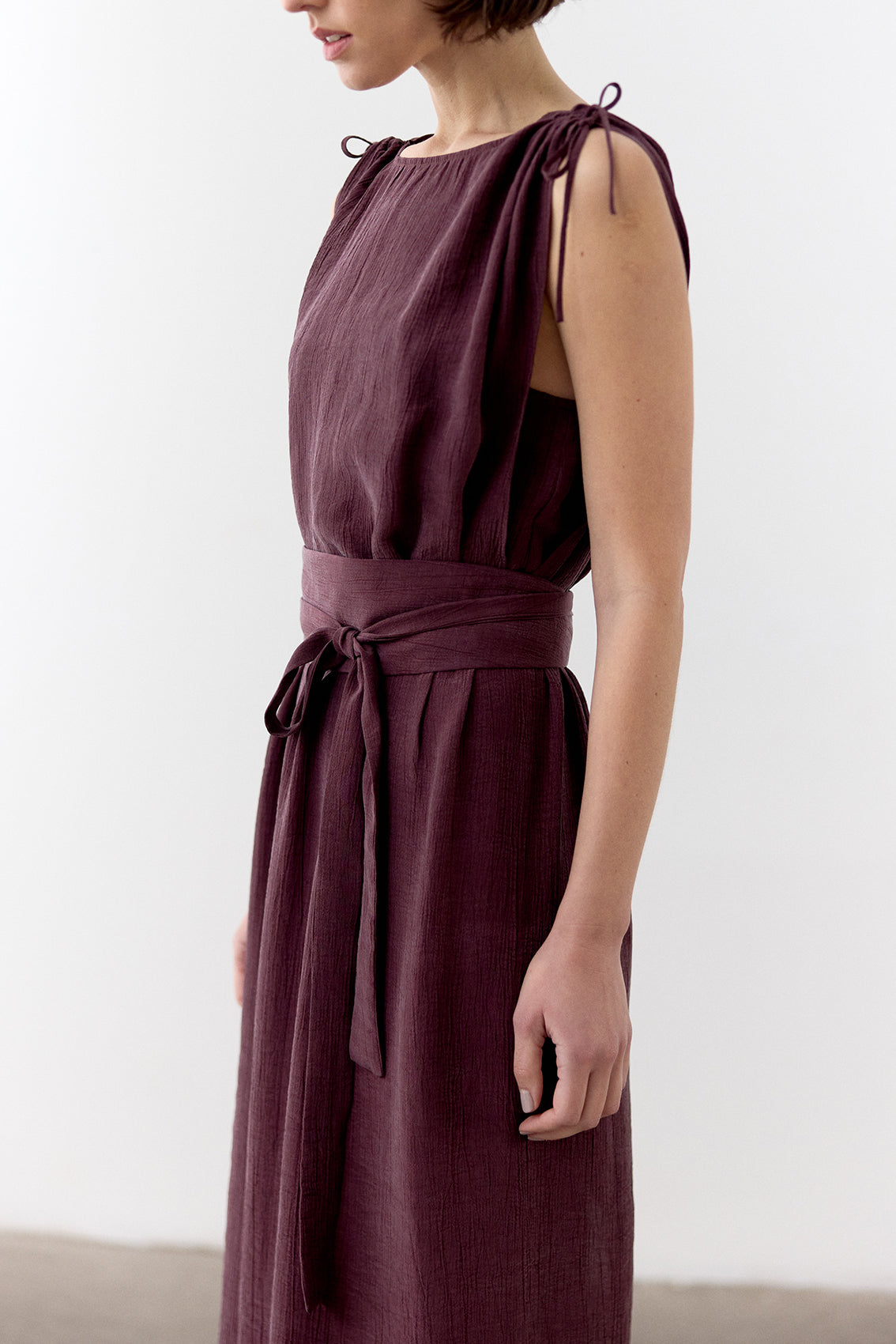 Vestido Ablusonado Lyocell Corrugado - Vino