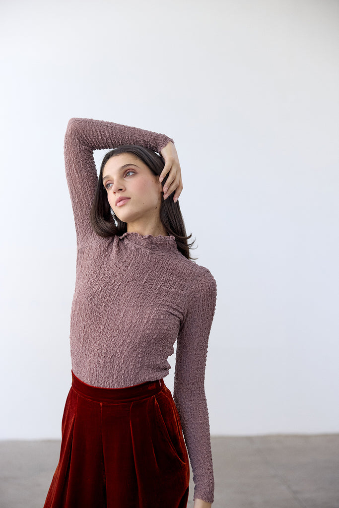 Crinkle Texture Turtleneck Top Silk - Malva