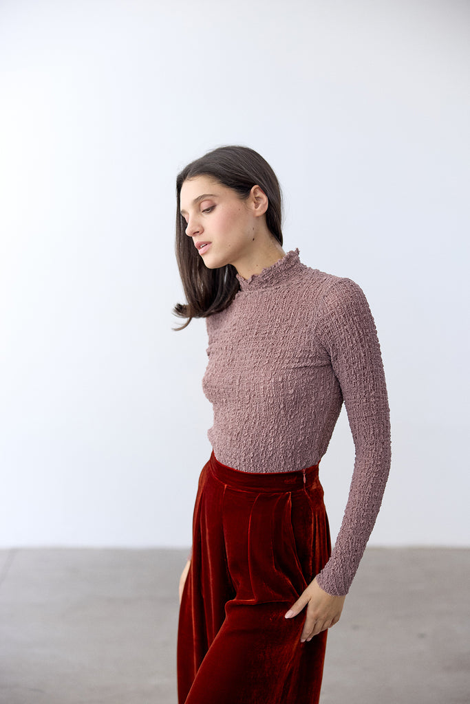 Crinkle Texture Turtleneck Top Silk - Malva