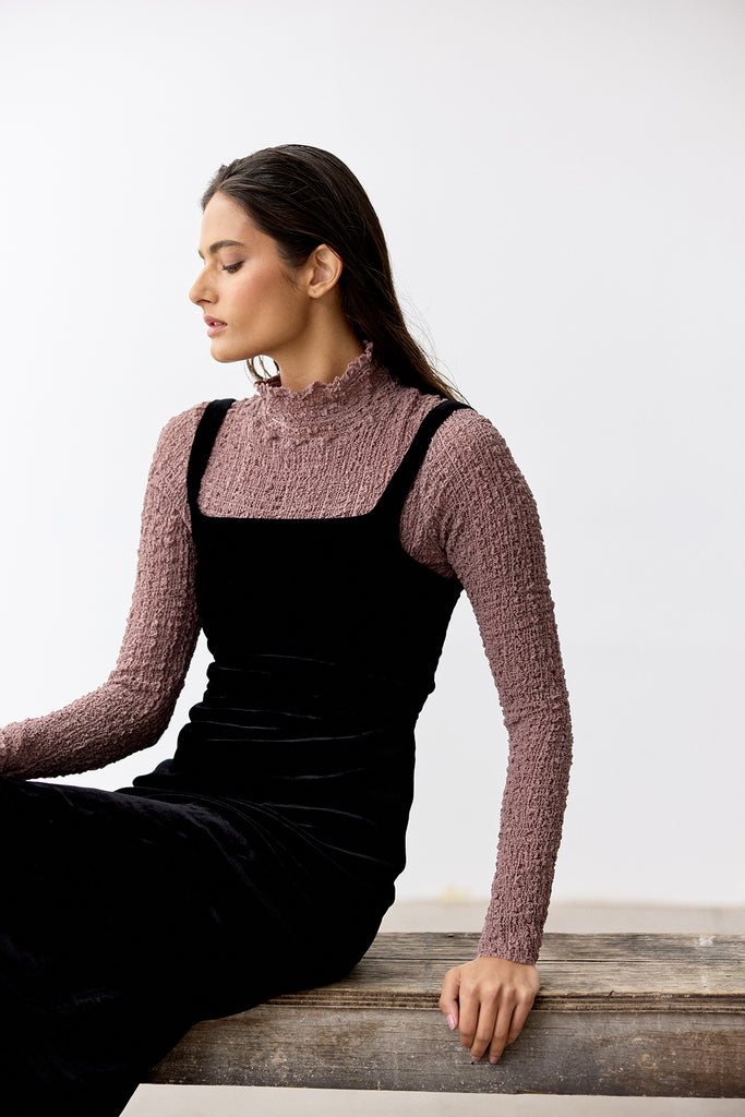 Crinkle Texture Turtleneck Top Silk - Malva