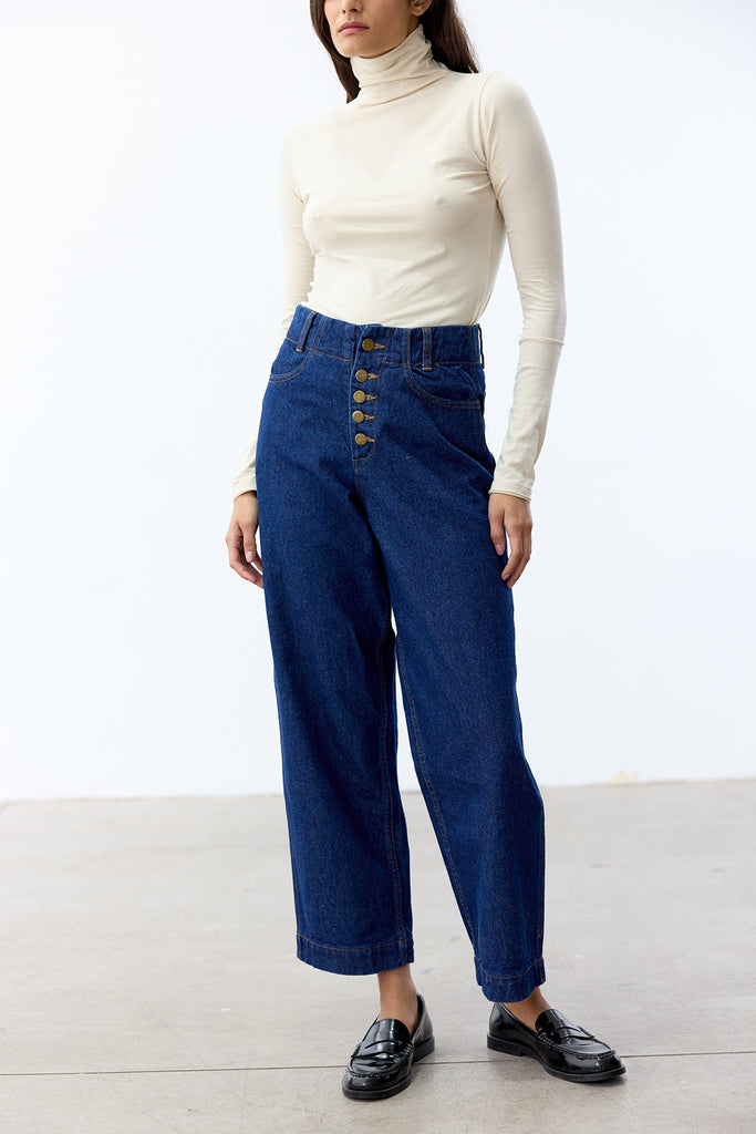 Recycled Denim Relaxed Buttoned Jeans - Blue