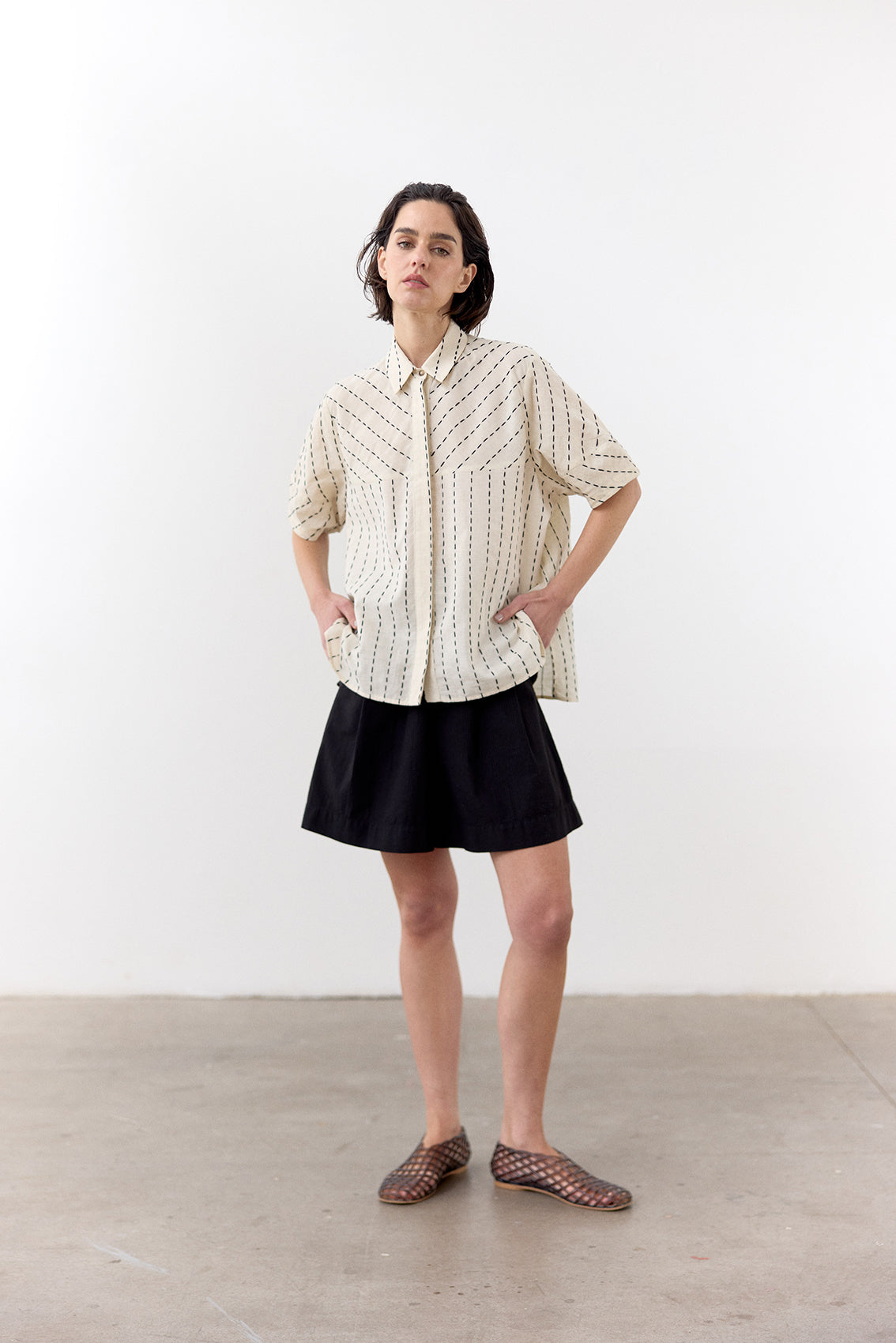 Blusa Manga Corta Algodón Pespuntes