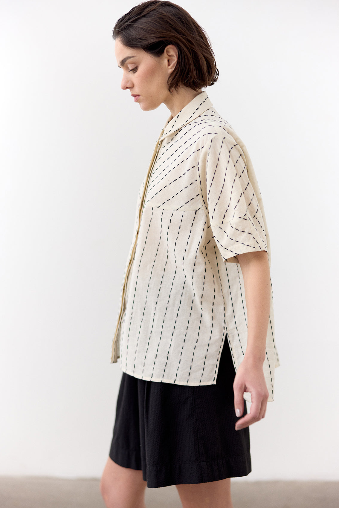 Blusa Manga Corta Algodón Pespuntes