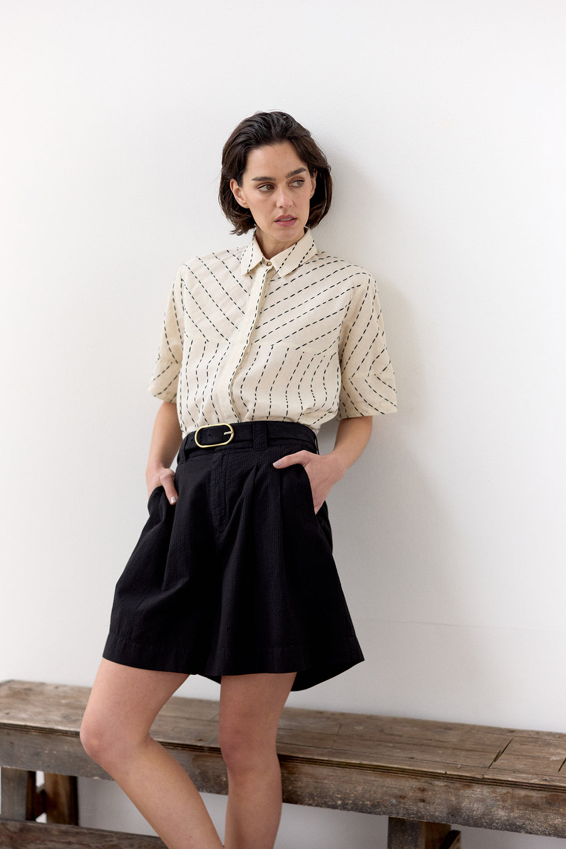 Blusa Manga Corta Algodón Pespuntes