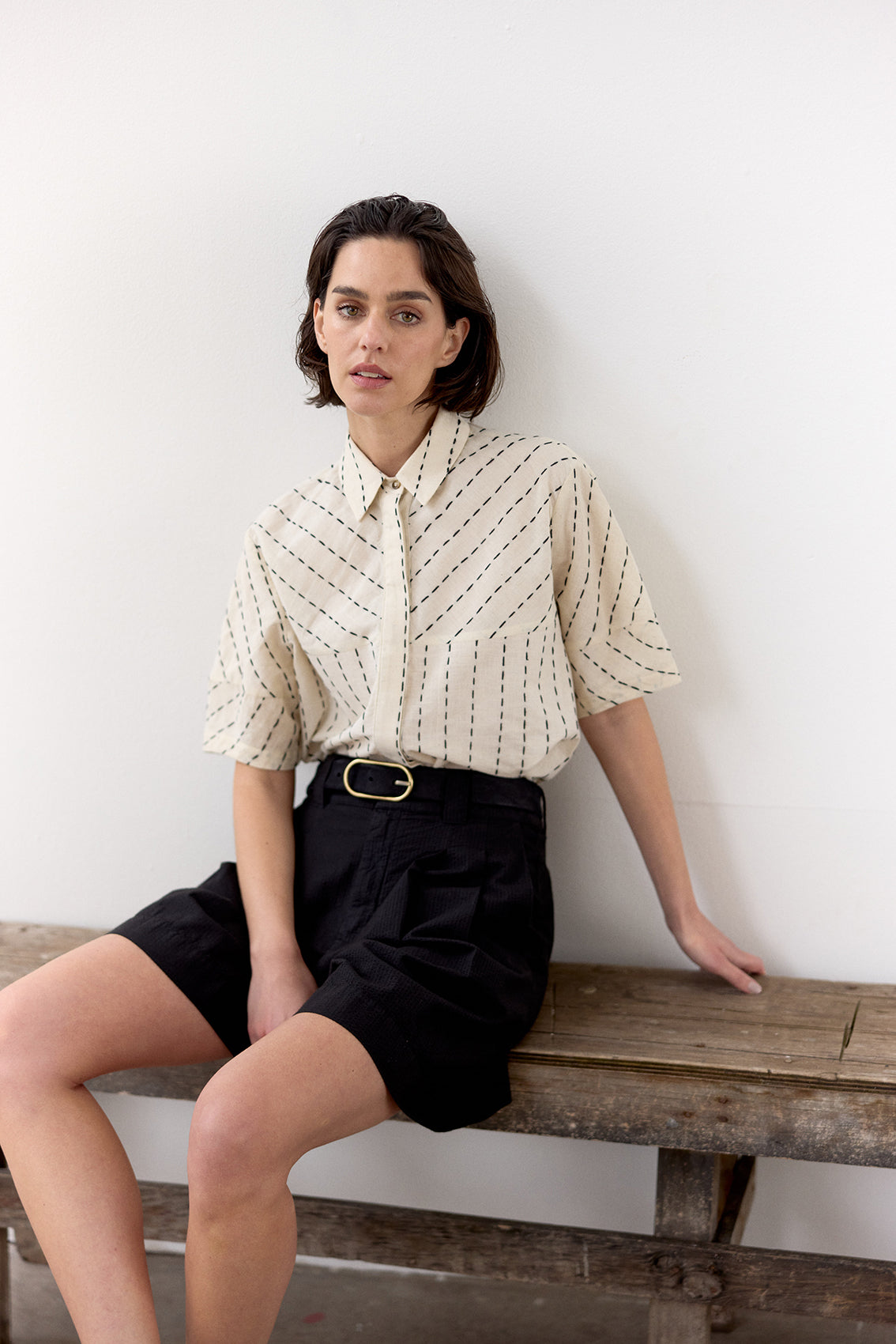 Blusa Manga Corta Algodón Pespuntes