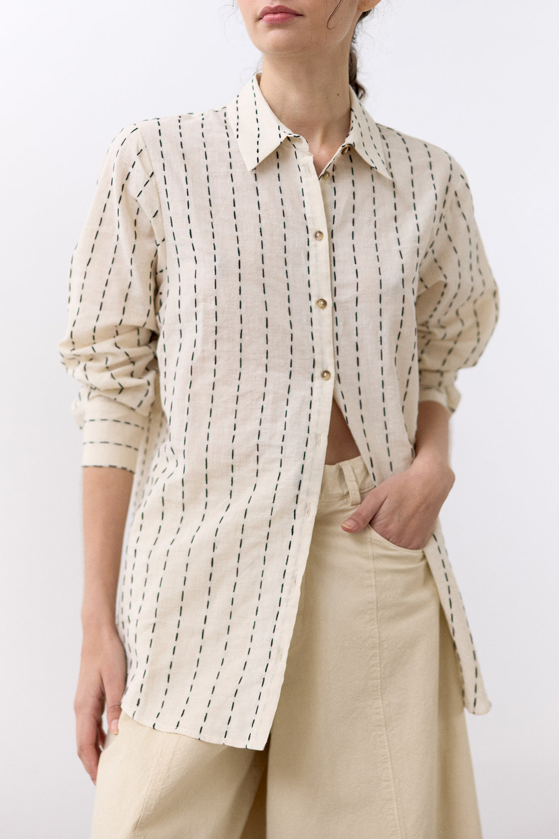 Contrast Stitching Cotton Blouse
