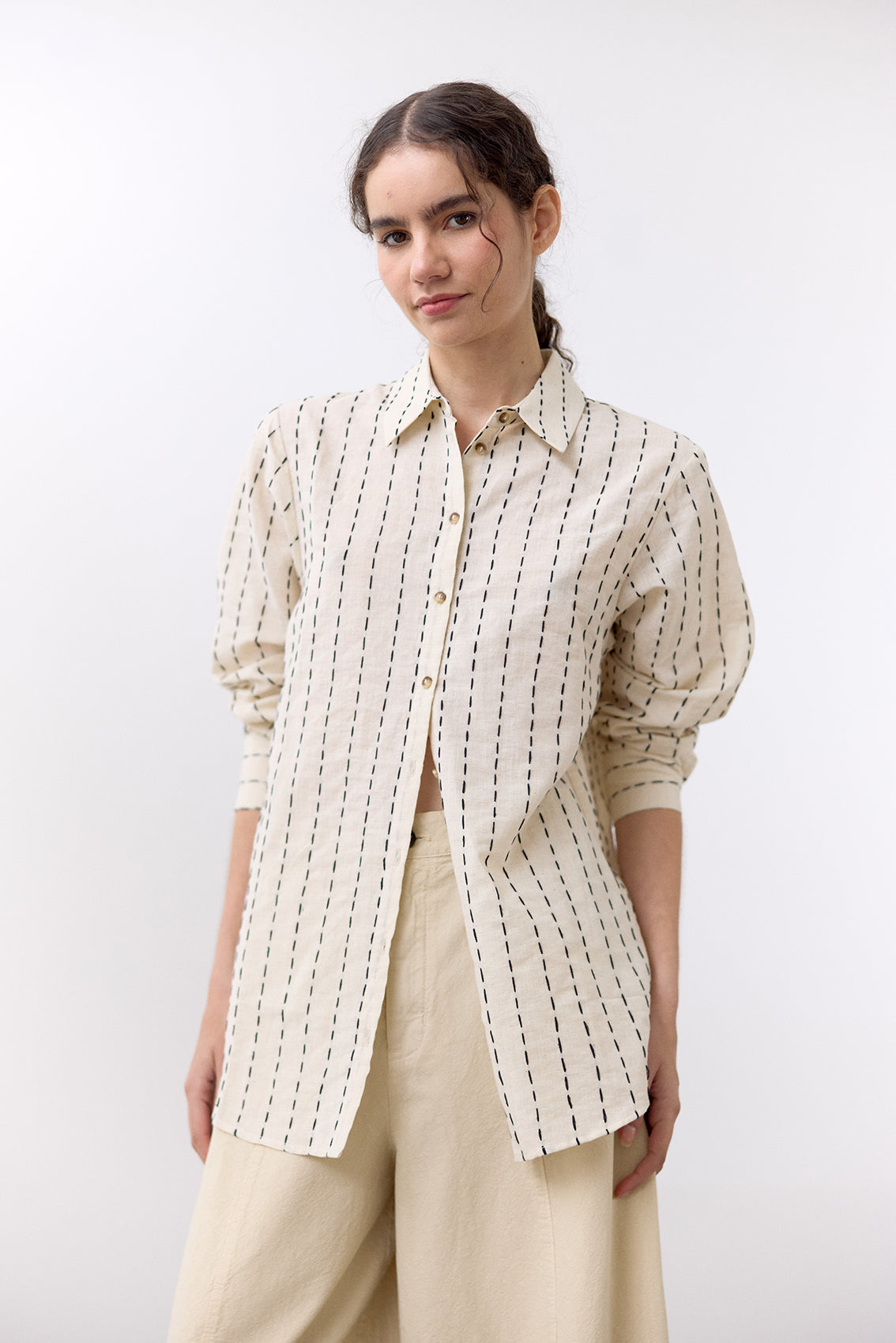 Contrast Stitching Cotton Blouse