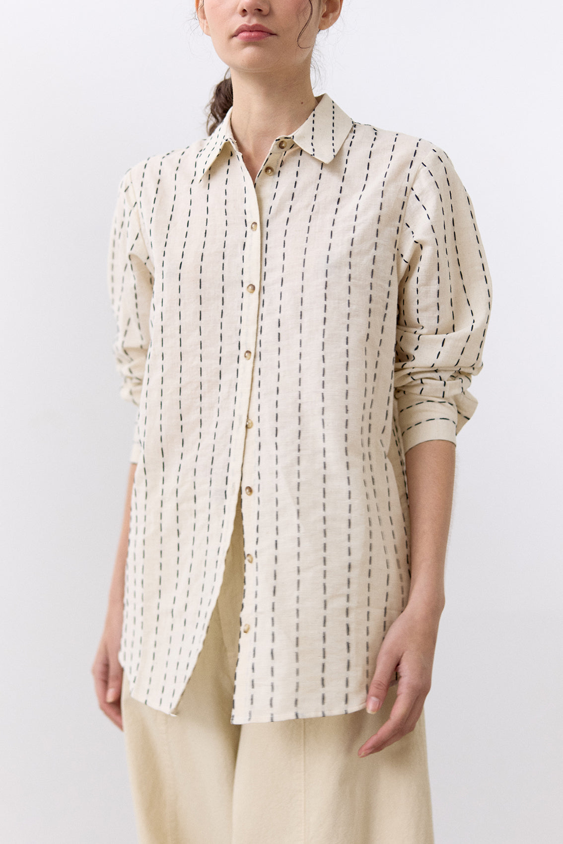 Contrast Stitching Cotton Blouse