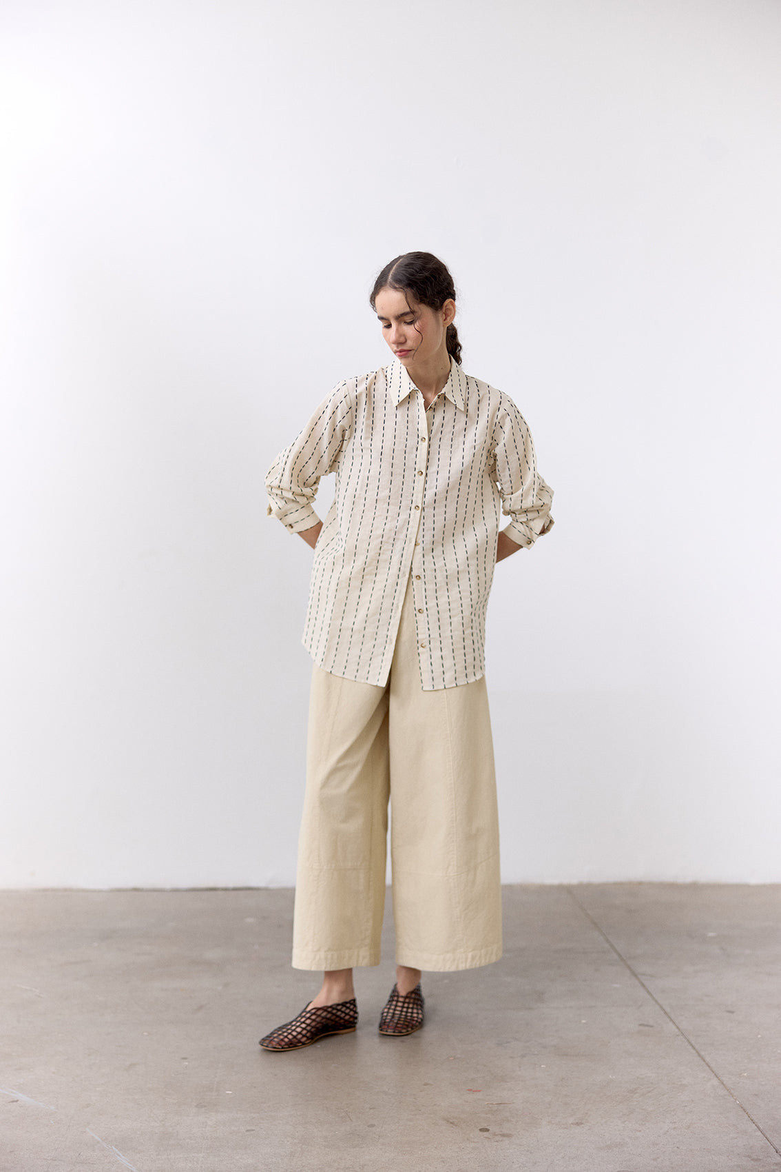 Contrast Stitching Cotton Blouse