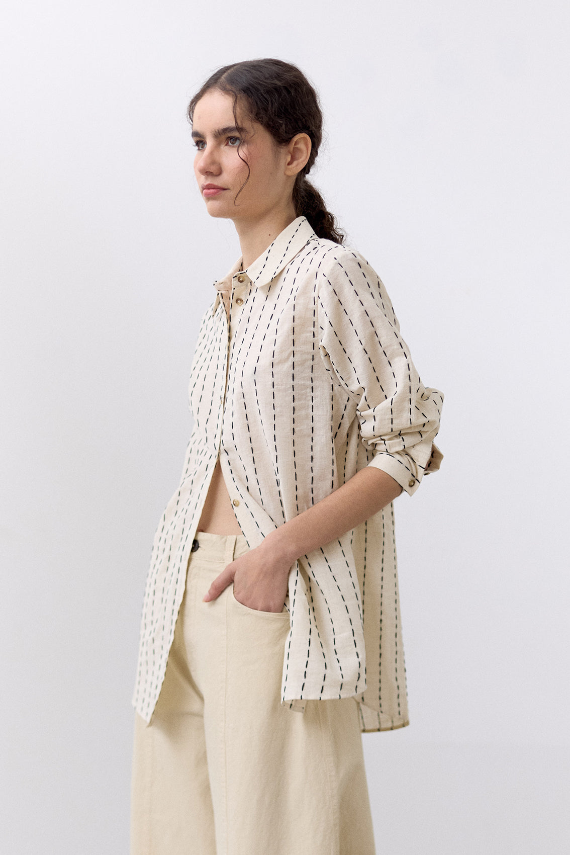 Contrast Stitching Cotton Blouse