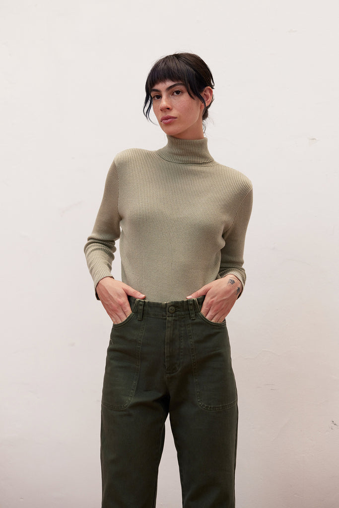 Ribbed Knitted Turtleneck Top Cotton/Alpaca - Salvia