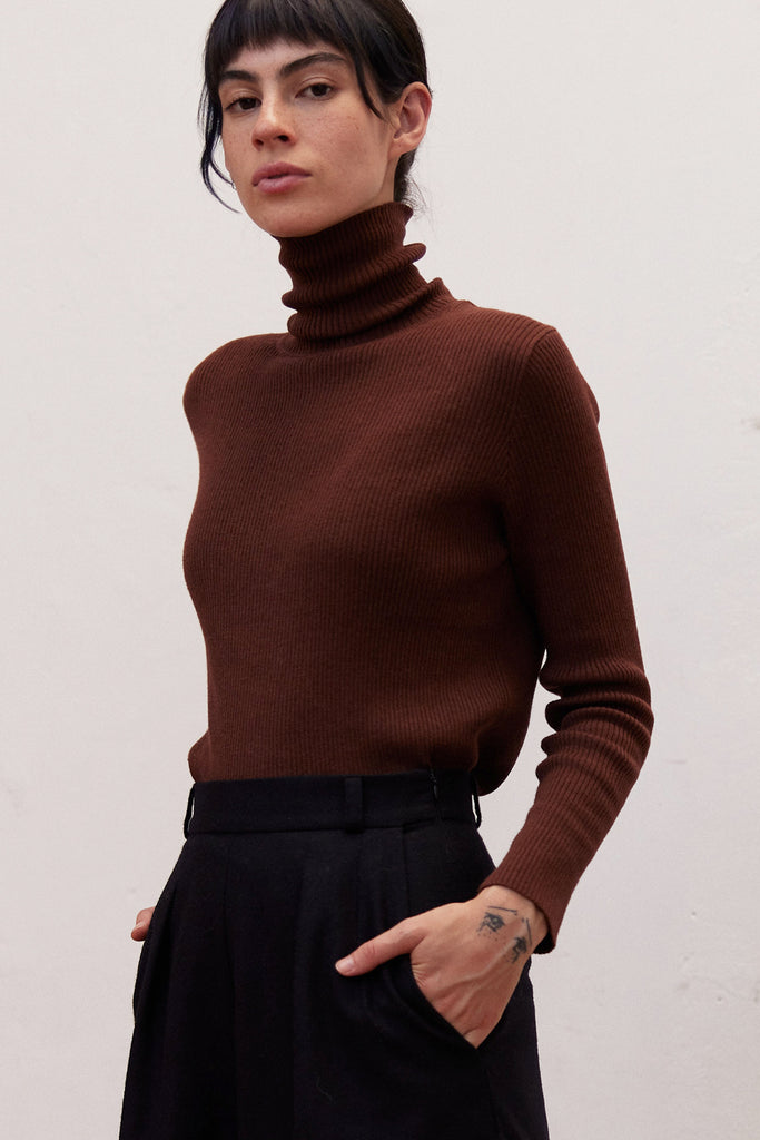 Ribbed Knitted Turtleneck Top Cotton/Alpaca - Cacao