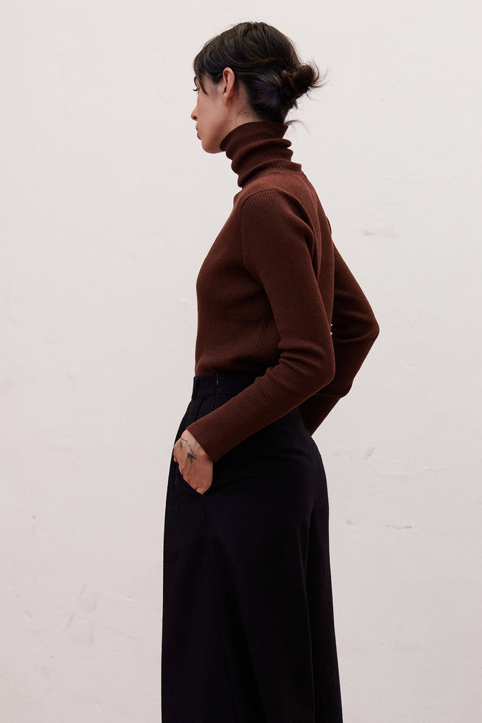 Ribbed Knitted Turtleneck Top Cotton/Alpaca - Cacao