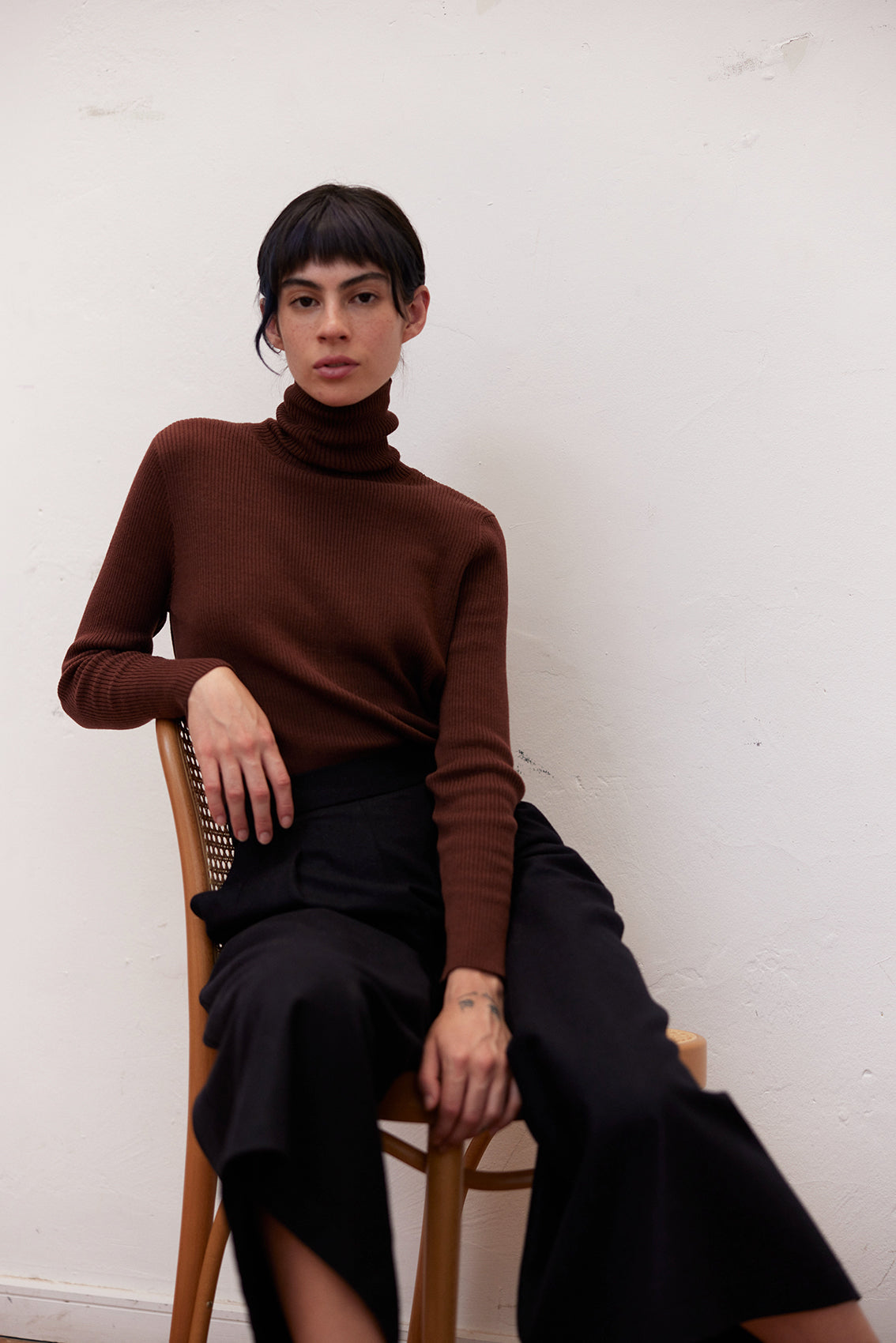 Ribbed Knitted Turtleneck Top Cotton/Alpaca - Cacao