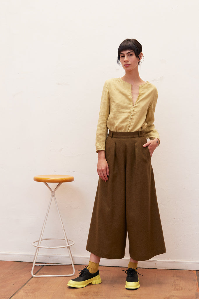 Recycled Wool Wide Leg Pant - Oliva