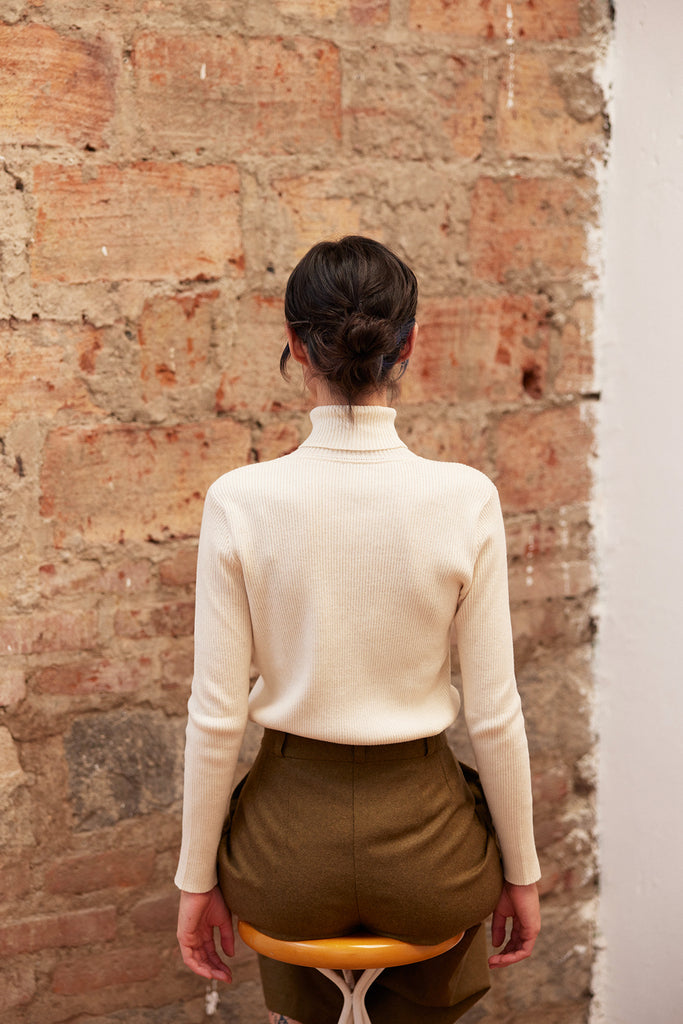 Ribbed Knitted Turtleneck Top Cotton/Alpaca - Crudo
