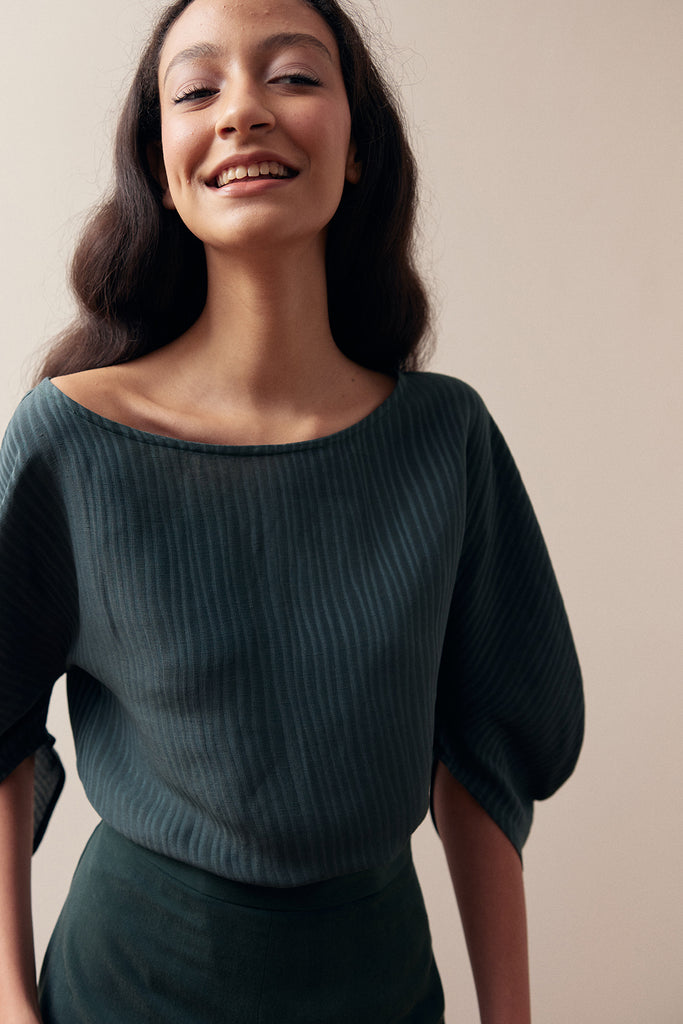 Textured Curved Sleeve Top Silk-Linen - Río