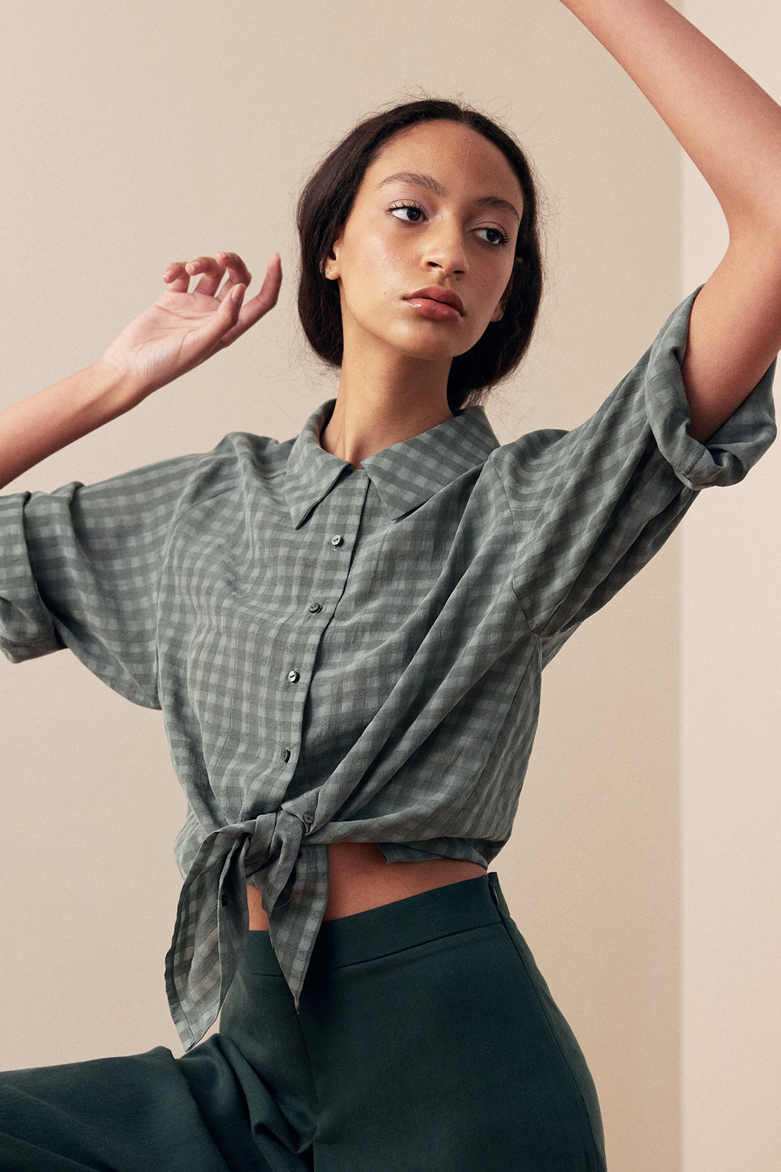 Gingham Raglan Sleeve Blouse Lyocell - Musgo