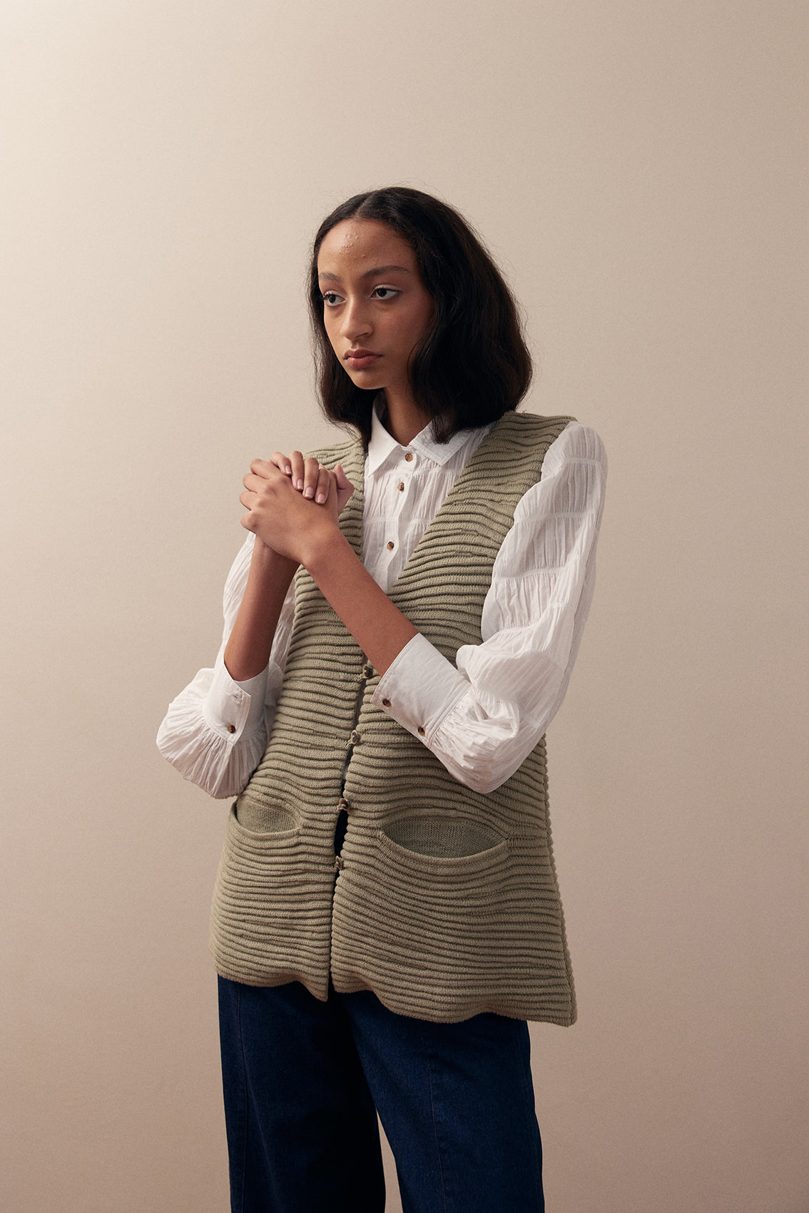 Textured Knitted Vest Cotton/Alpaca - Salvia