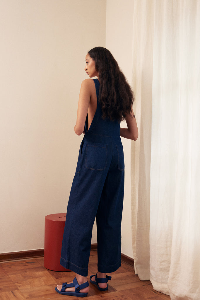 Wide-Leg Adjustable Overall Jumpsuit Denim - Blue