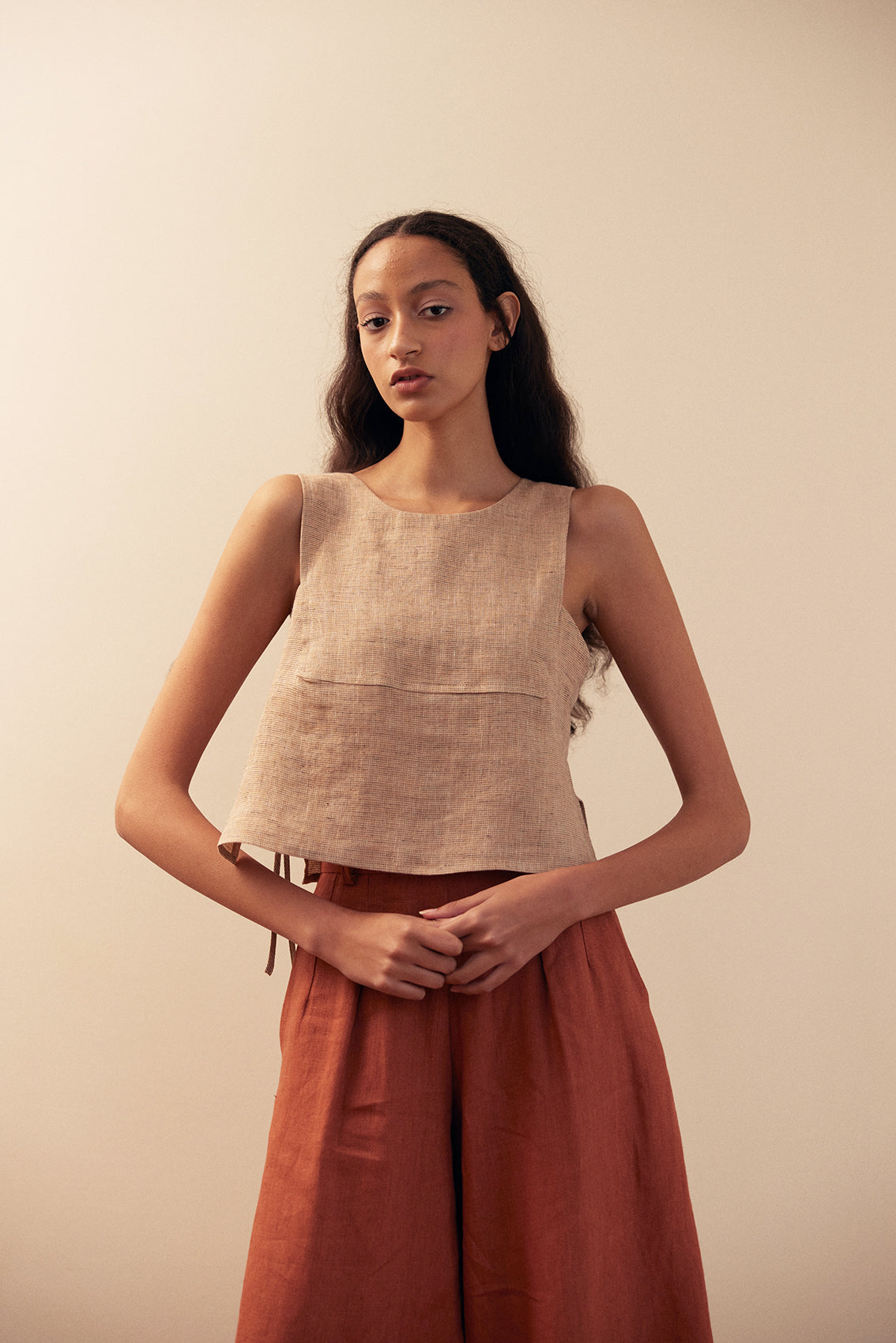 Side Tie Cropped Top Linen - Damasco