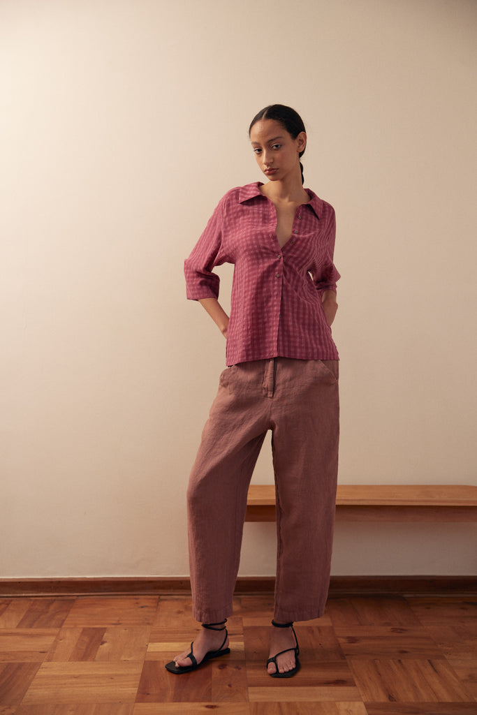 Gingham Raglan Sleeve Blouse Lyocell - Berry