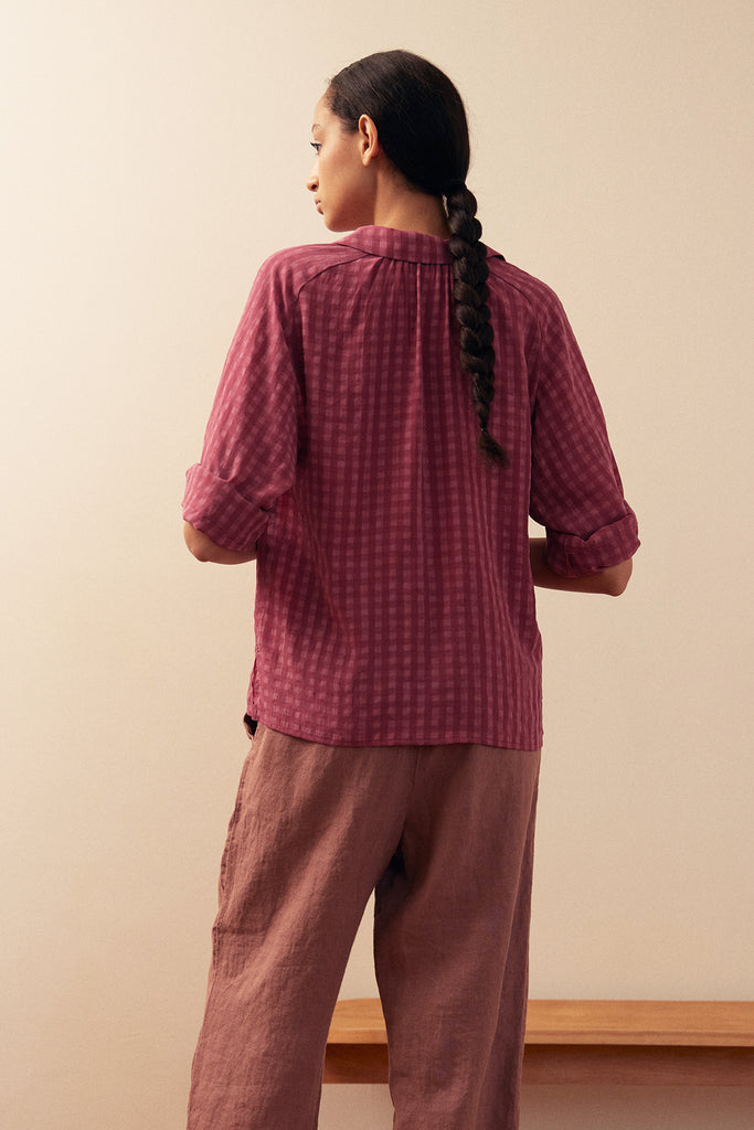 Gingham Raglan Sleeve Blouse Lyocell - Berry