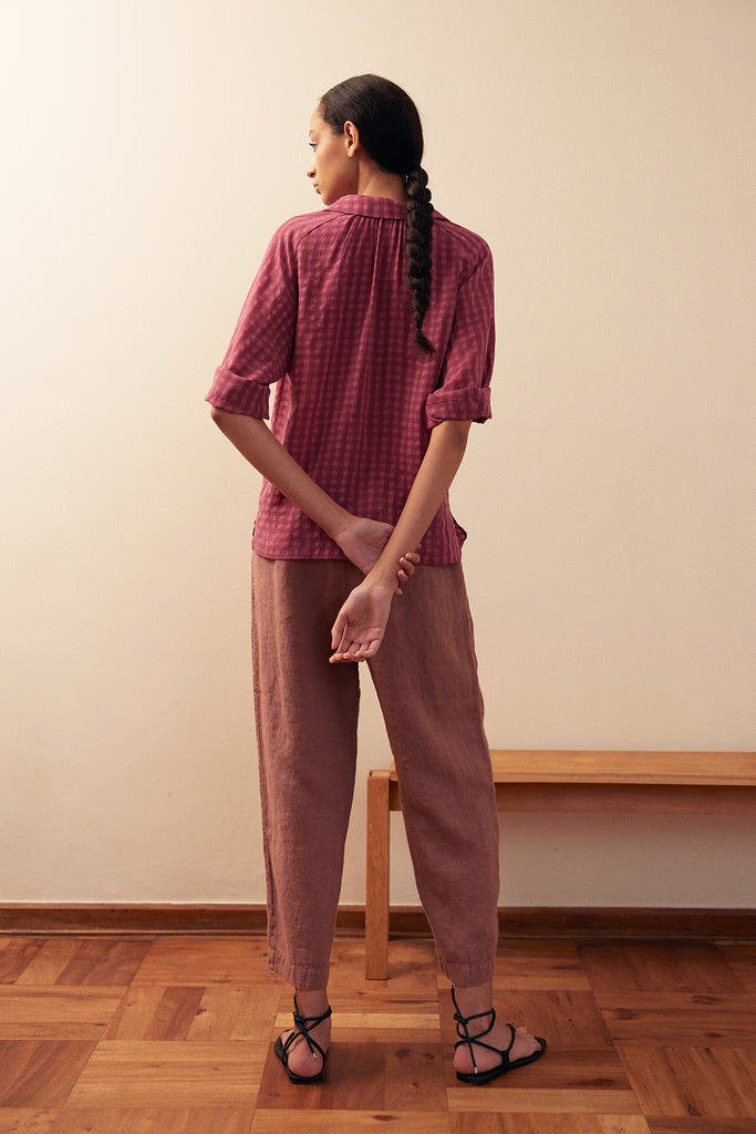 Gingham Raglan Sleeve Blouse Lyocell - Berry