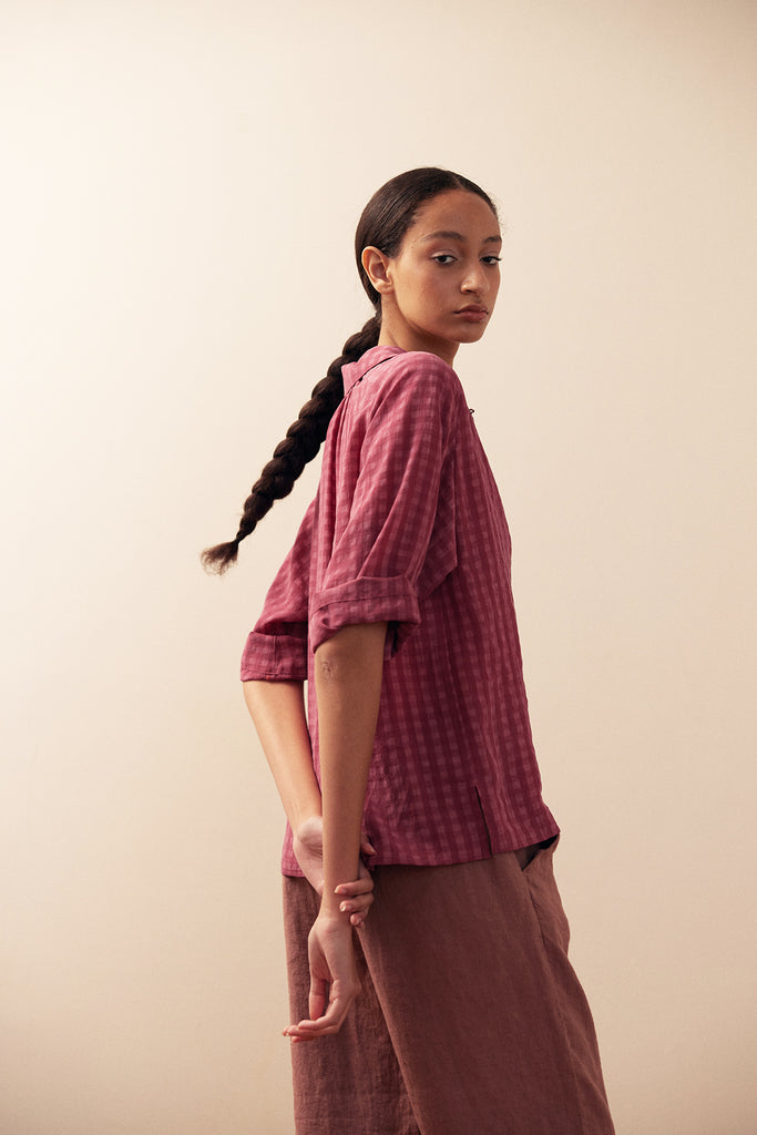 Gingham Raglan Sleeve Blouse Lyocell - Berry