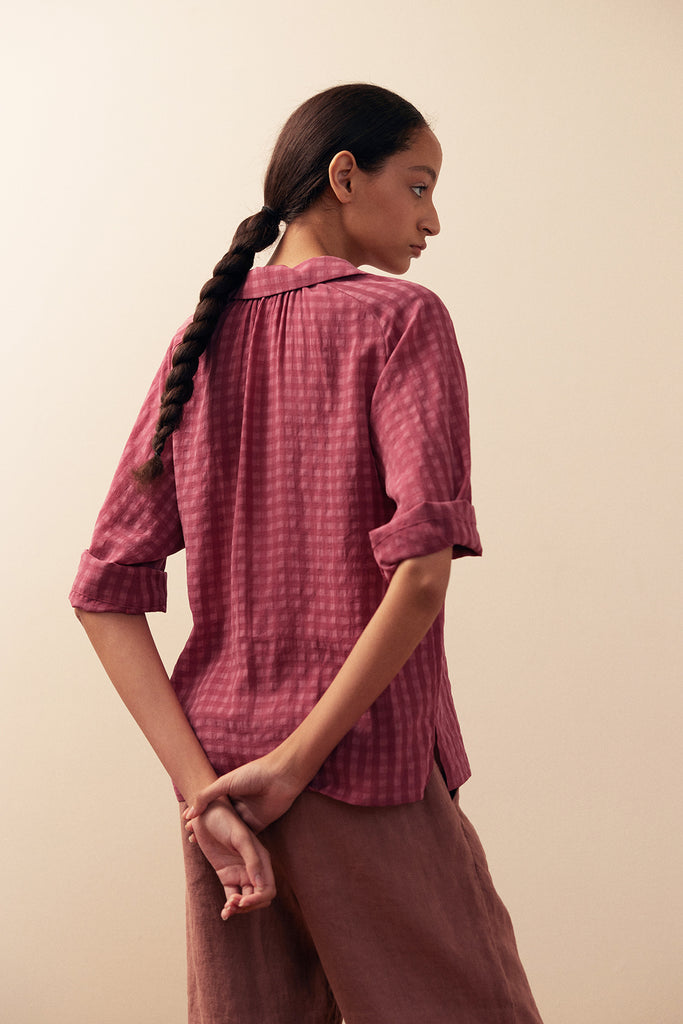 Gingham Raglan Sleeve Blouse Lyocell - Berry