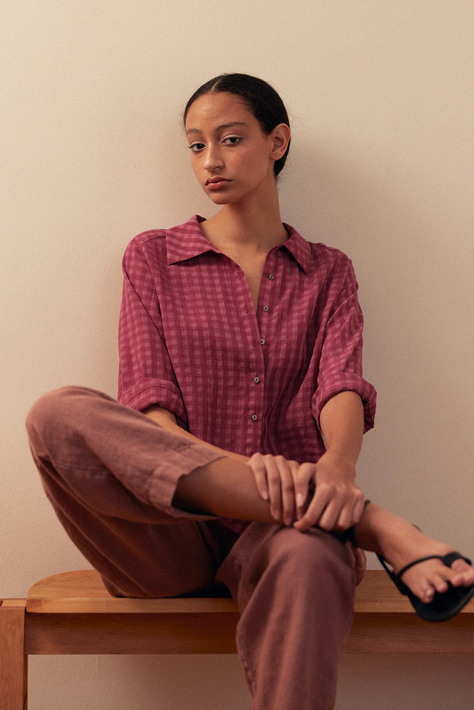Gingham Raglan Sleeve Blouse Lyocell - Berry
