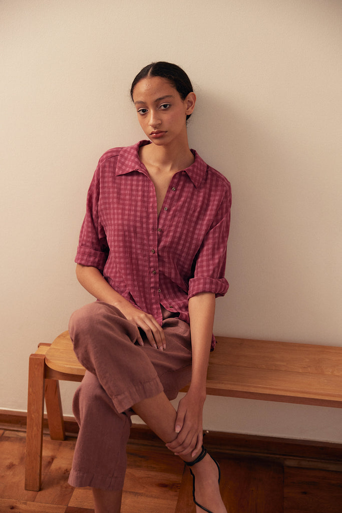 Gingham Raglan Sleeve Blouse Lyocell - Berry