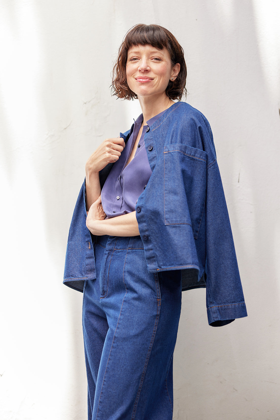 Collarless Denim Overshirt - Blue