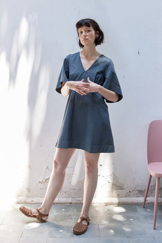 Washed Ample Sleeves V-Neck Short Dress Cotton - Piedra