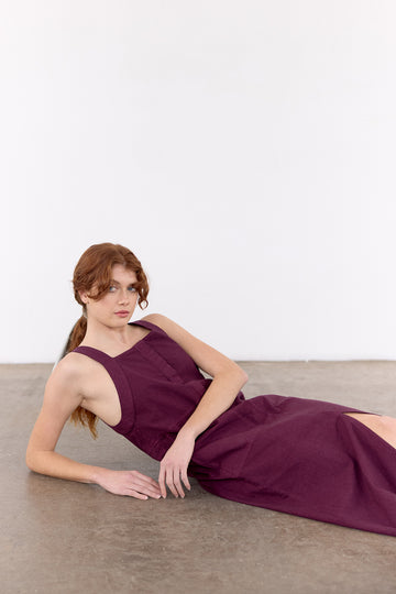 Vestido Utilitario Algodón Rugoso - Vino