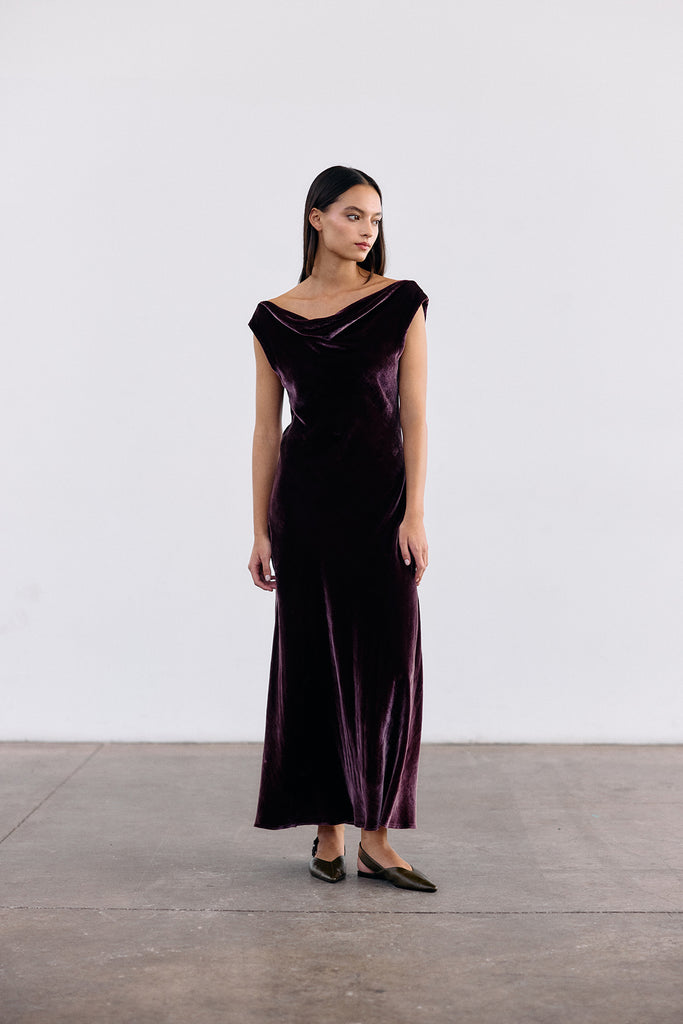 Silk Velvet Draped Neck Dress - Vino