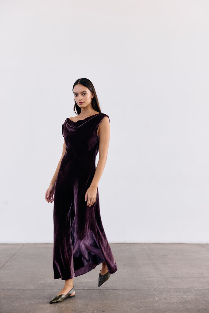Silk Velvet Draped Neck Dress - Vino